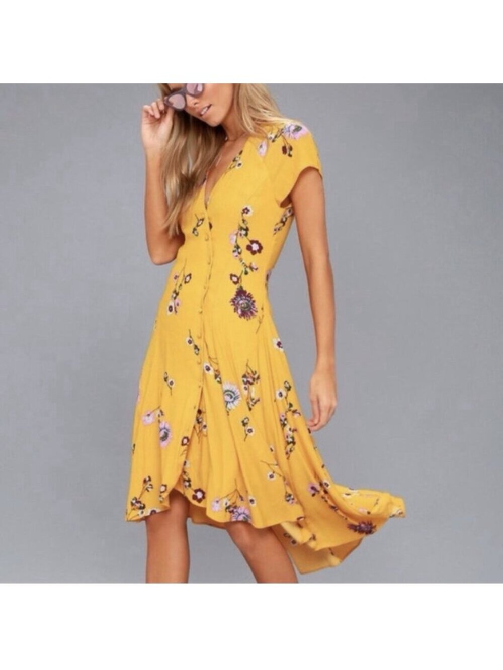 Free People Dress Size Large Midi Lost in You Yellow Floral Fit Flare NEW